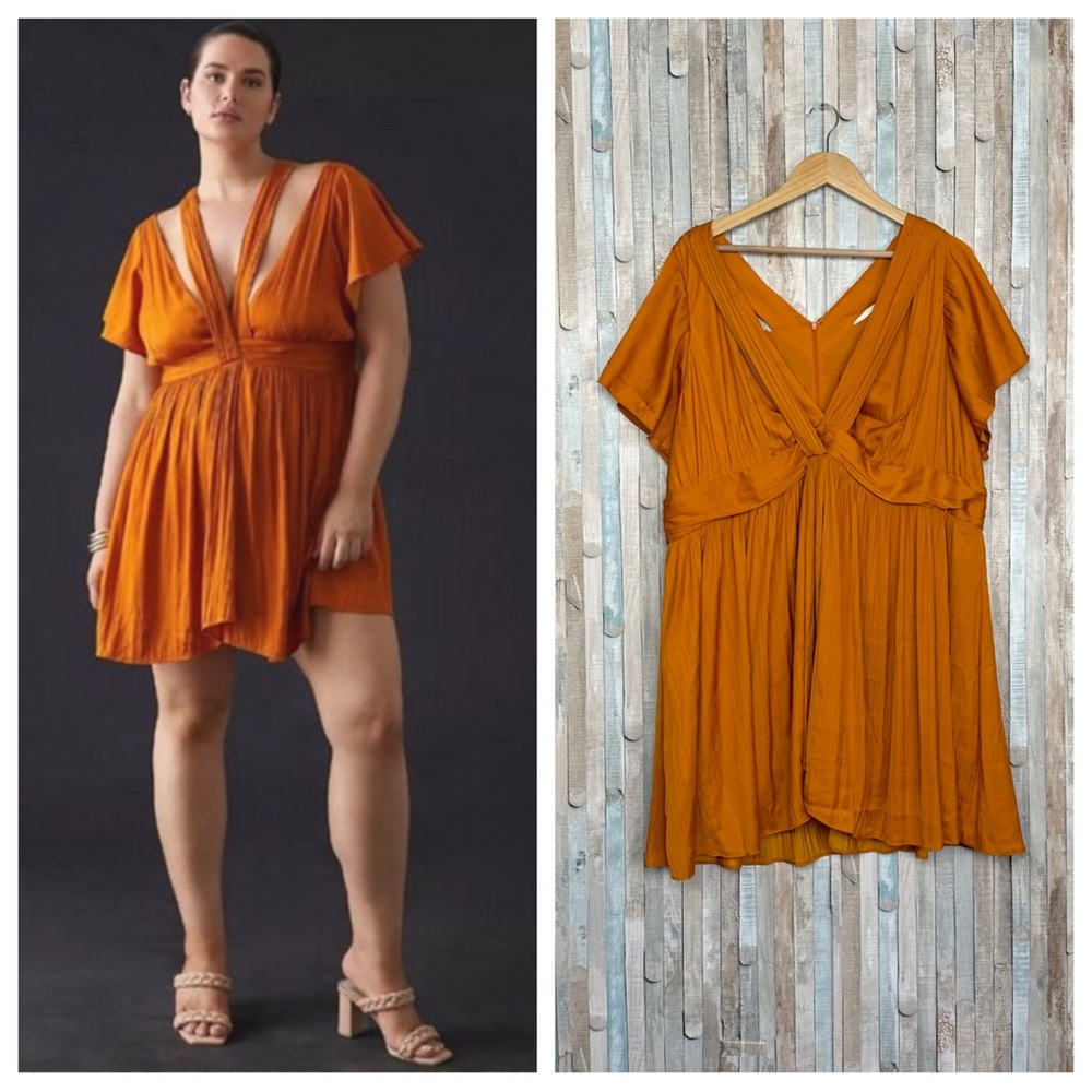 New Anthropologie 22W Pleated Cutout Deep V-Neck Vibrant Mini Dress Orange Plus